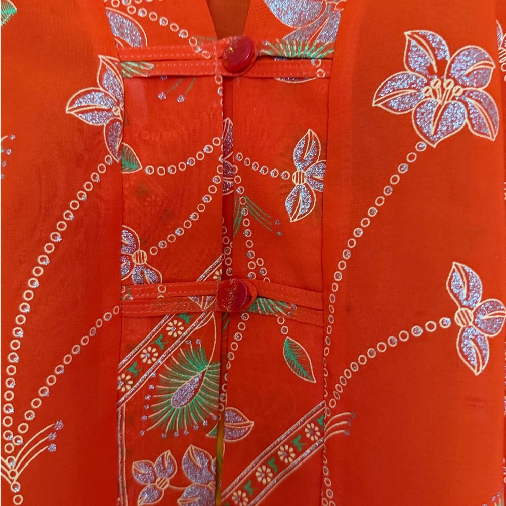 Vibrant orange red floral print mandarin collar - Picture 2 of 9